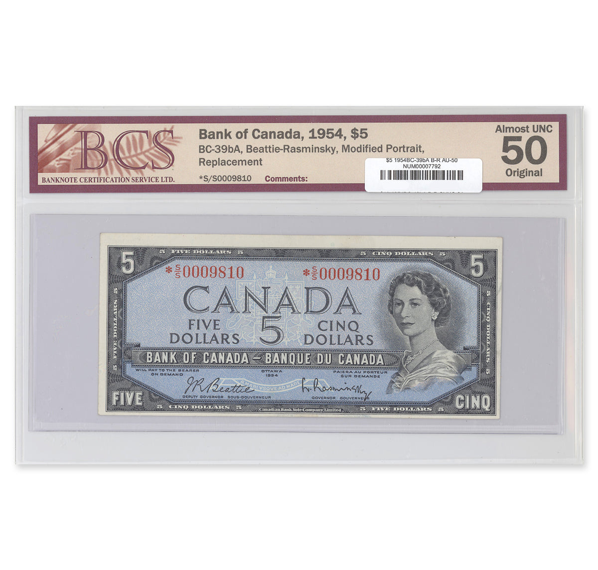 $5 1954 Modified Series BC-39bA Beattie-Rasminsky Prefix *S/S BCS AU-50