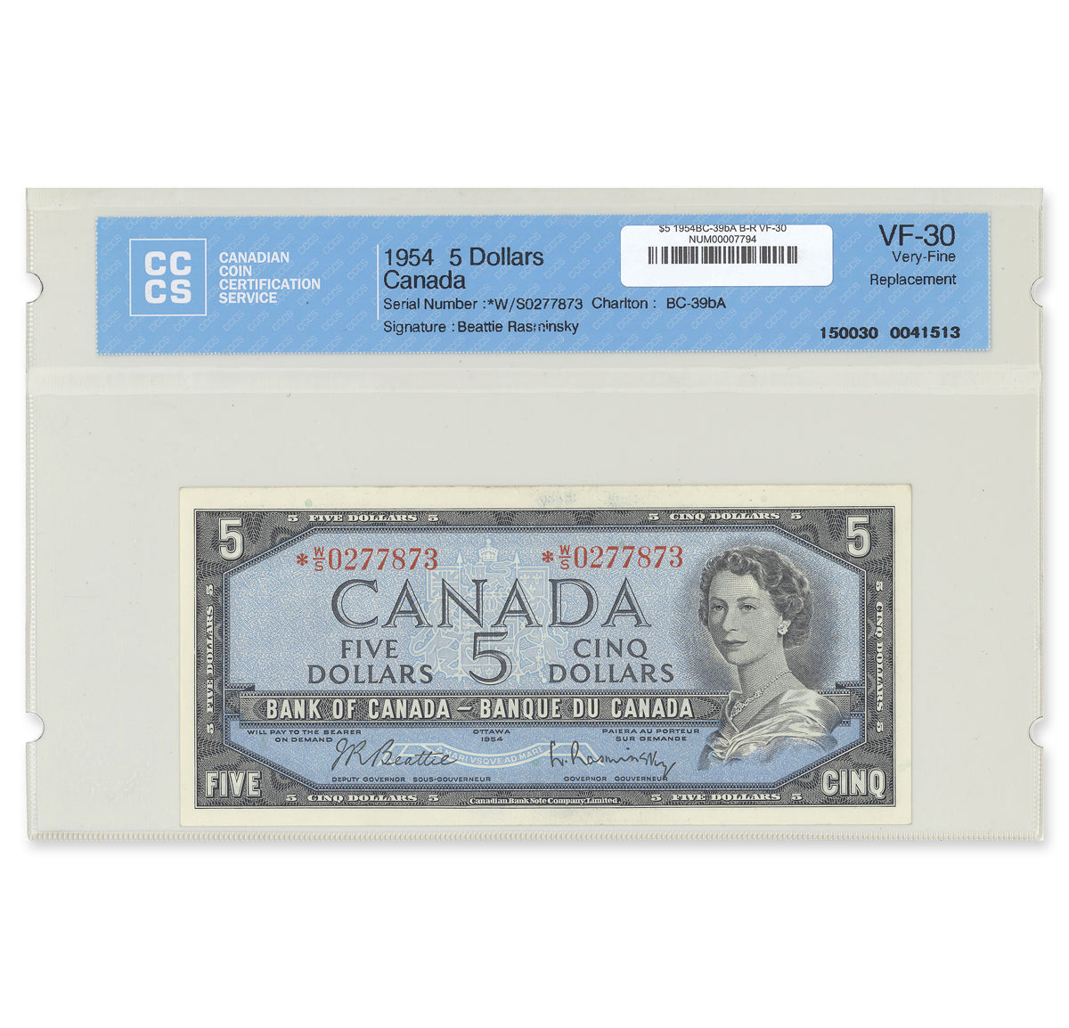 $5 1954 Modified Series BC-39bA Beattie-Rasminsky Prefix *W/S BCS VF-30