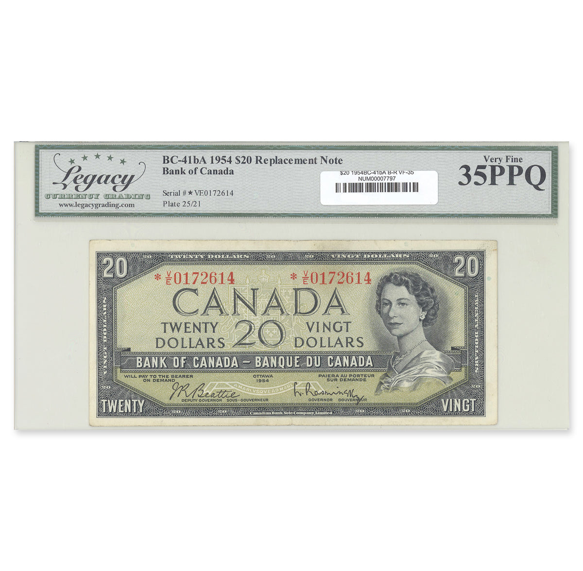 $20 1954 Modified Series BC-41bA Beattie-Rasminsky Prefix *V/E Legacy VF-35