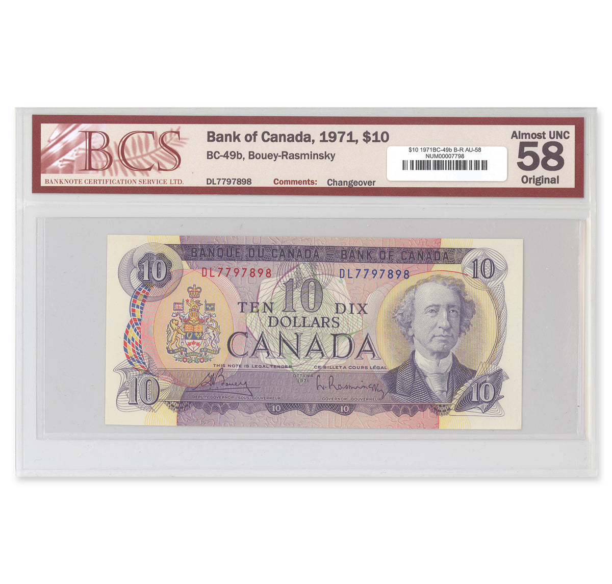 $10 1971 BC-49b Bouey-Rasminsky Prefix DL BCS AU-58