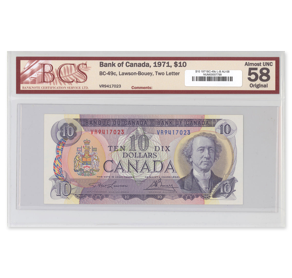 $10 1971 BC-49c Lawson-Bouey Prefix VR BCS AU-58