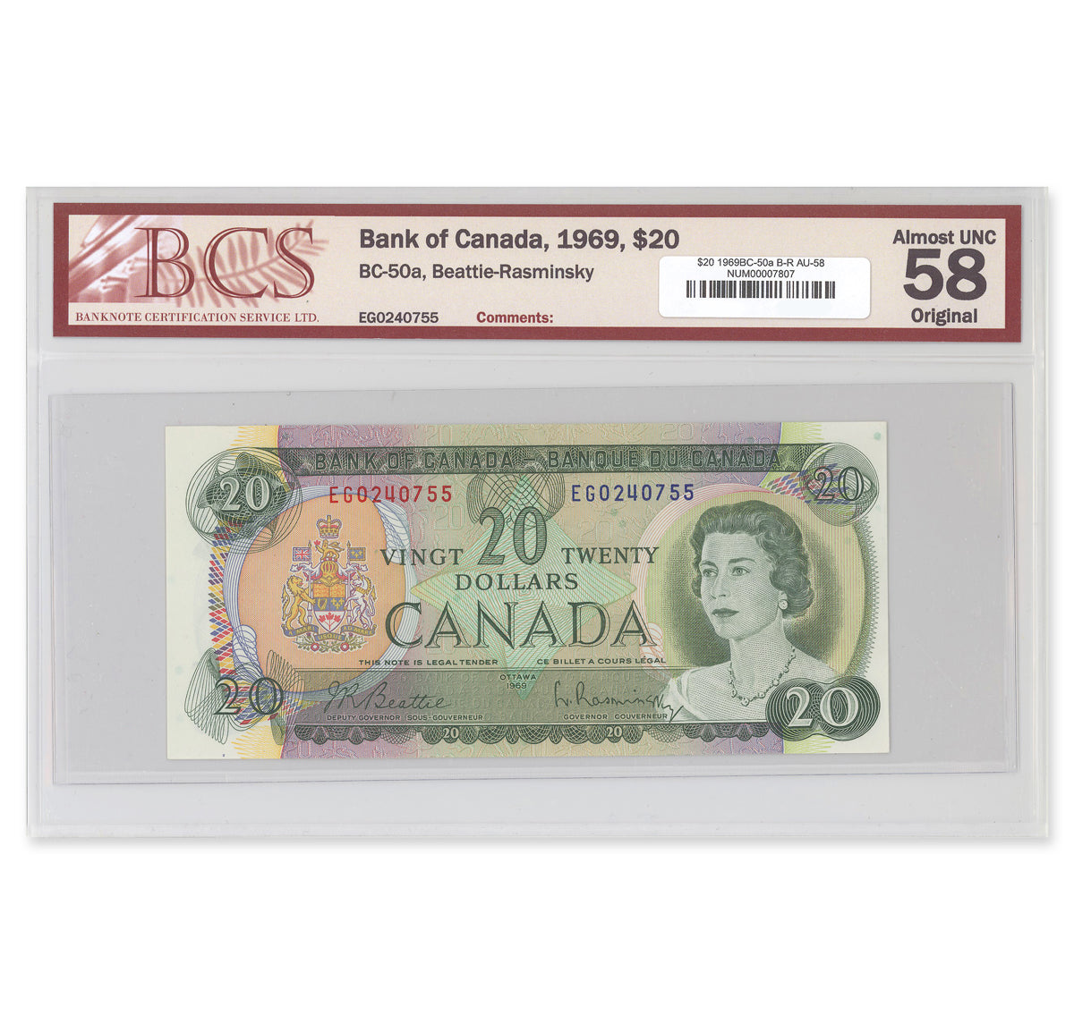 $20 1969 BC-50a Beattie-Rasminsky Prefix EG BCS AU-58