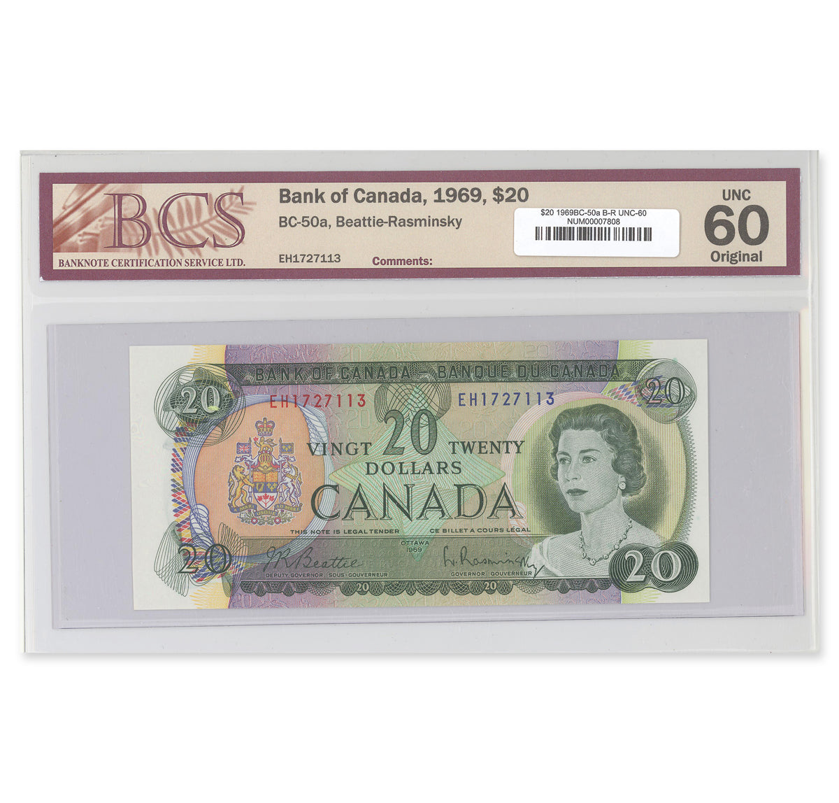 $20 1969 BC-50a Beattie-Rasminsky Prefix EH BCS UNC-60