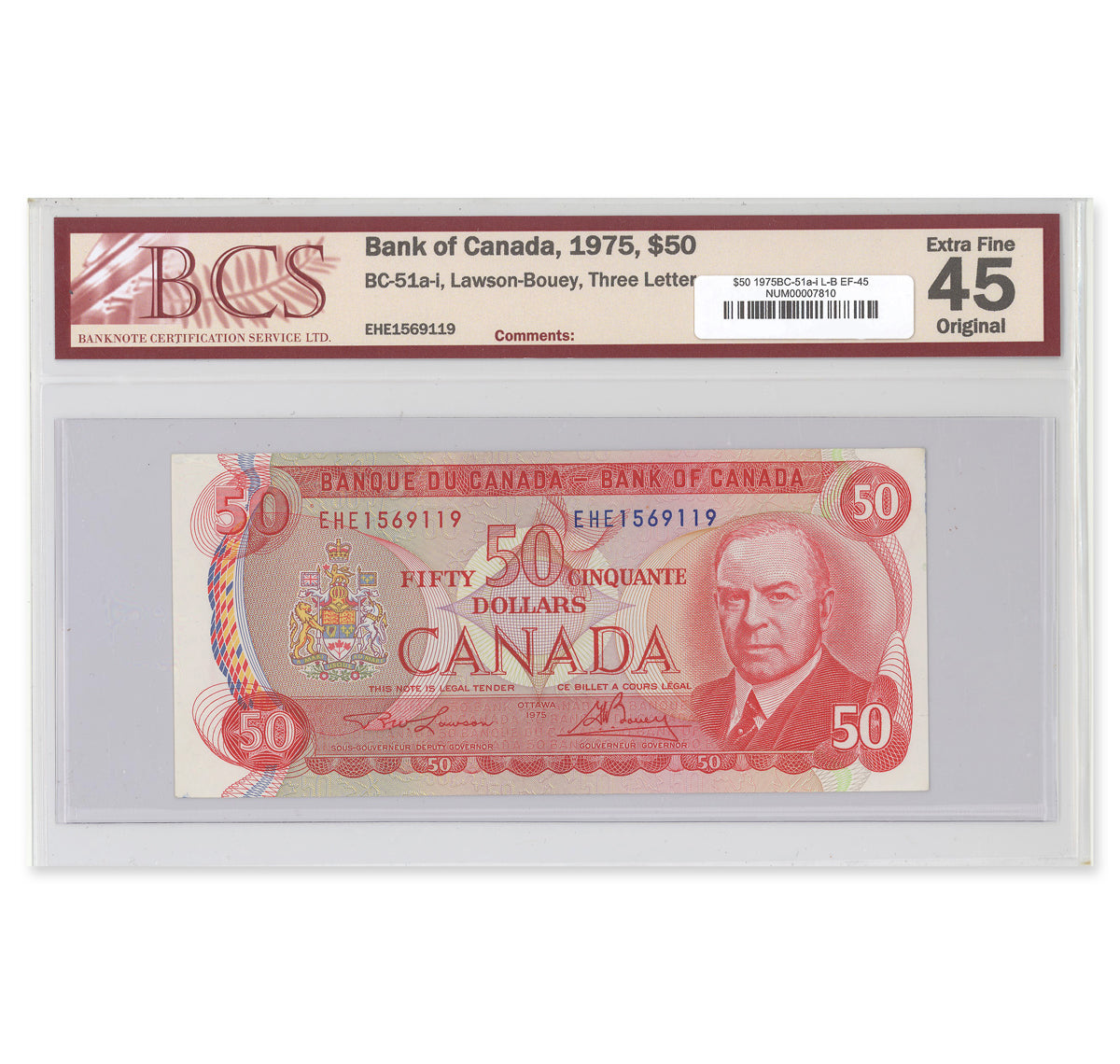 $50 1975 BC-51a-i Lawson-Bouey Prefix EHE BCS EF-45