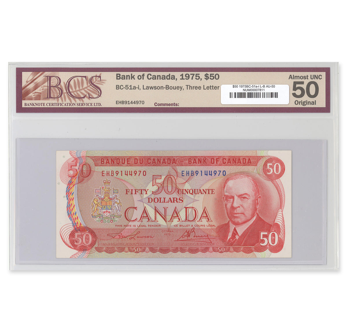 $50 1975 BC-51a-i Lawson-Bouey Prefix EHB BCS AU-50