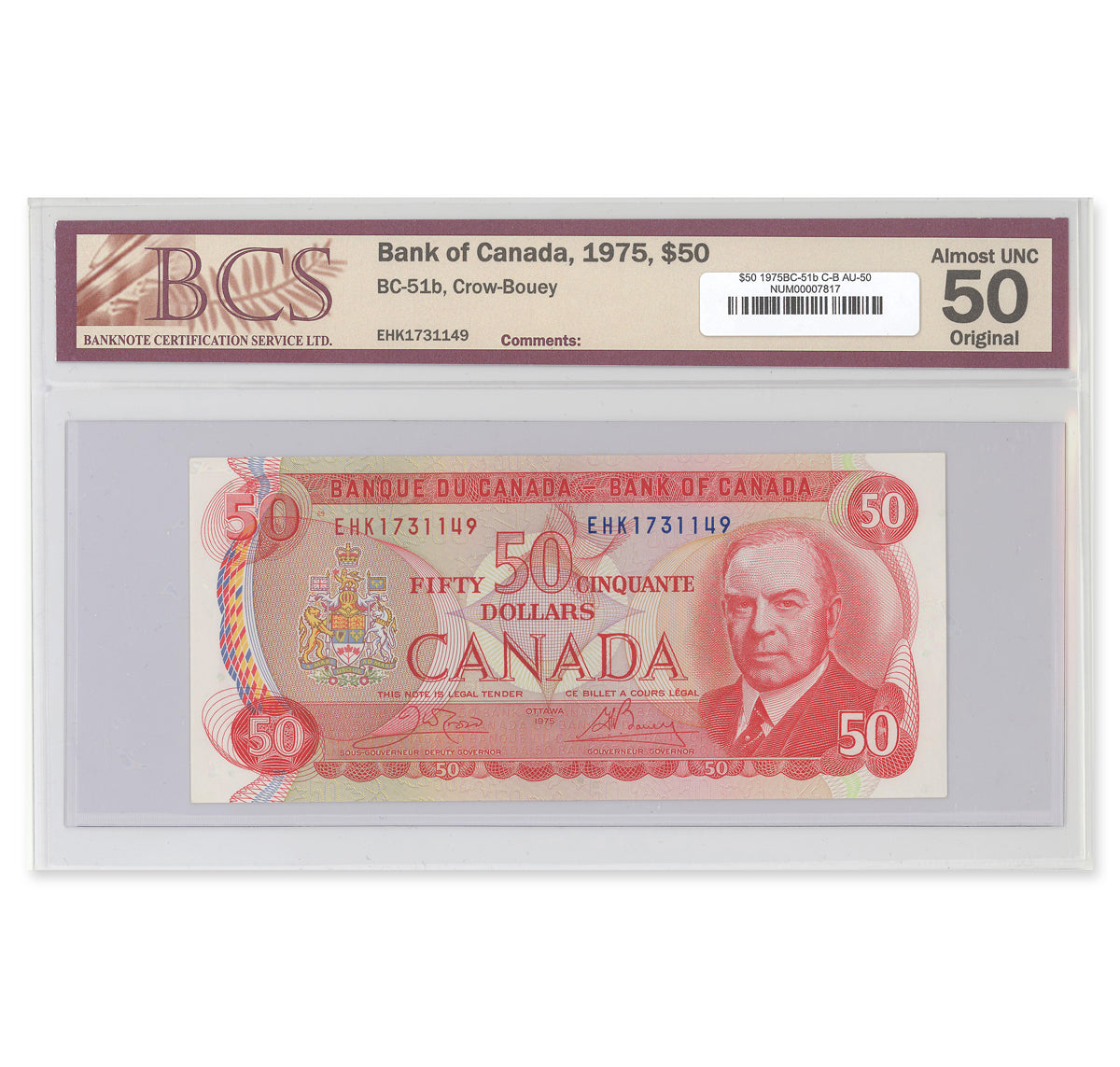 $50 1975 BC-51b Crow-Bouey Prefix EHK BCS AU-50