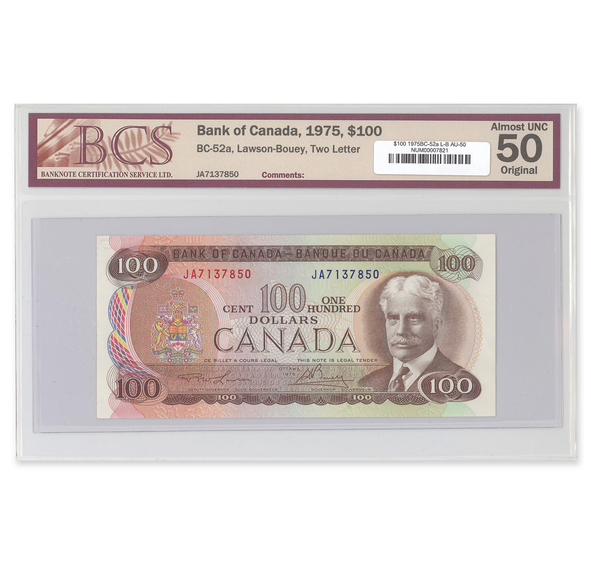 $100 1975 BC-52a Lawson-Bouey Prefix JA BCS AU-50