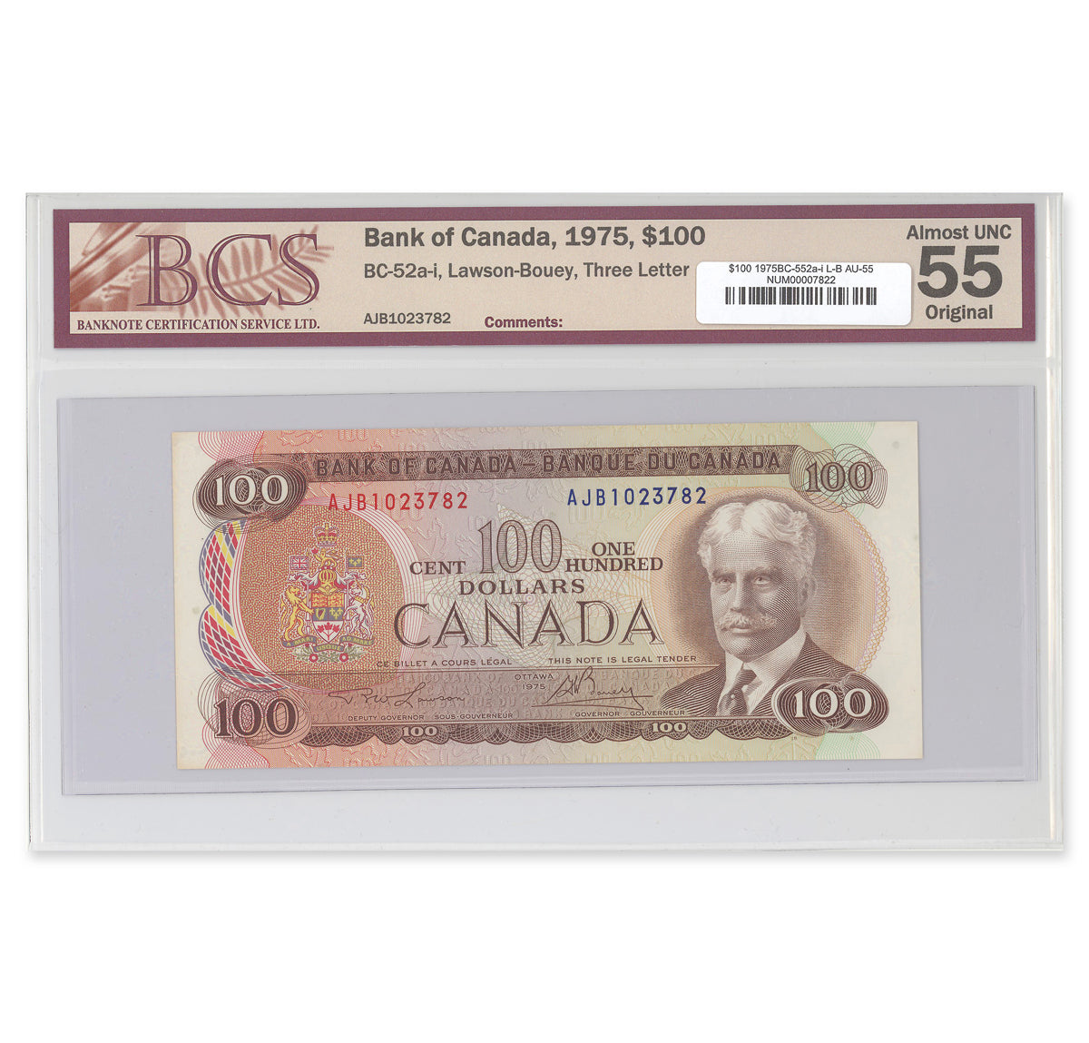$100 1975 BC-552a-i Lawson-Bouey Prefix AJB BCS AU-55
