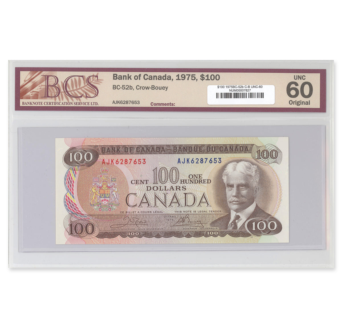 $100 1975 BC-52b Crow-Bouey Prefix AJK BCS UNC-60