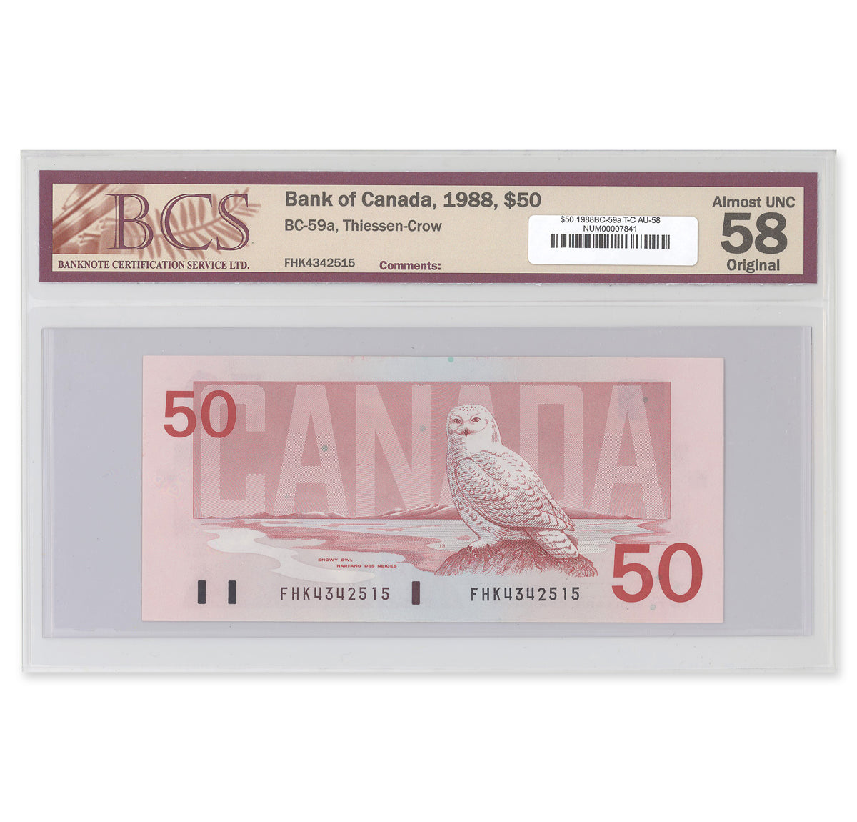 $50 1988 BC-59a Thiessen-Crow Prefix FHK BCS AU-58