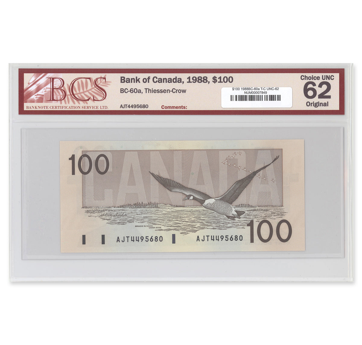 $100 1988 BC-60a Thiessen-Crow Prefix AJT BCS UNC-62