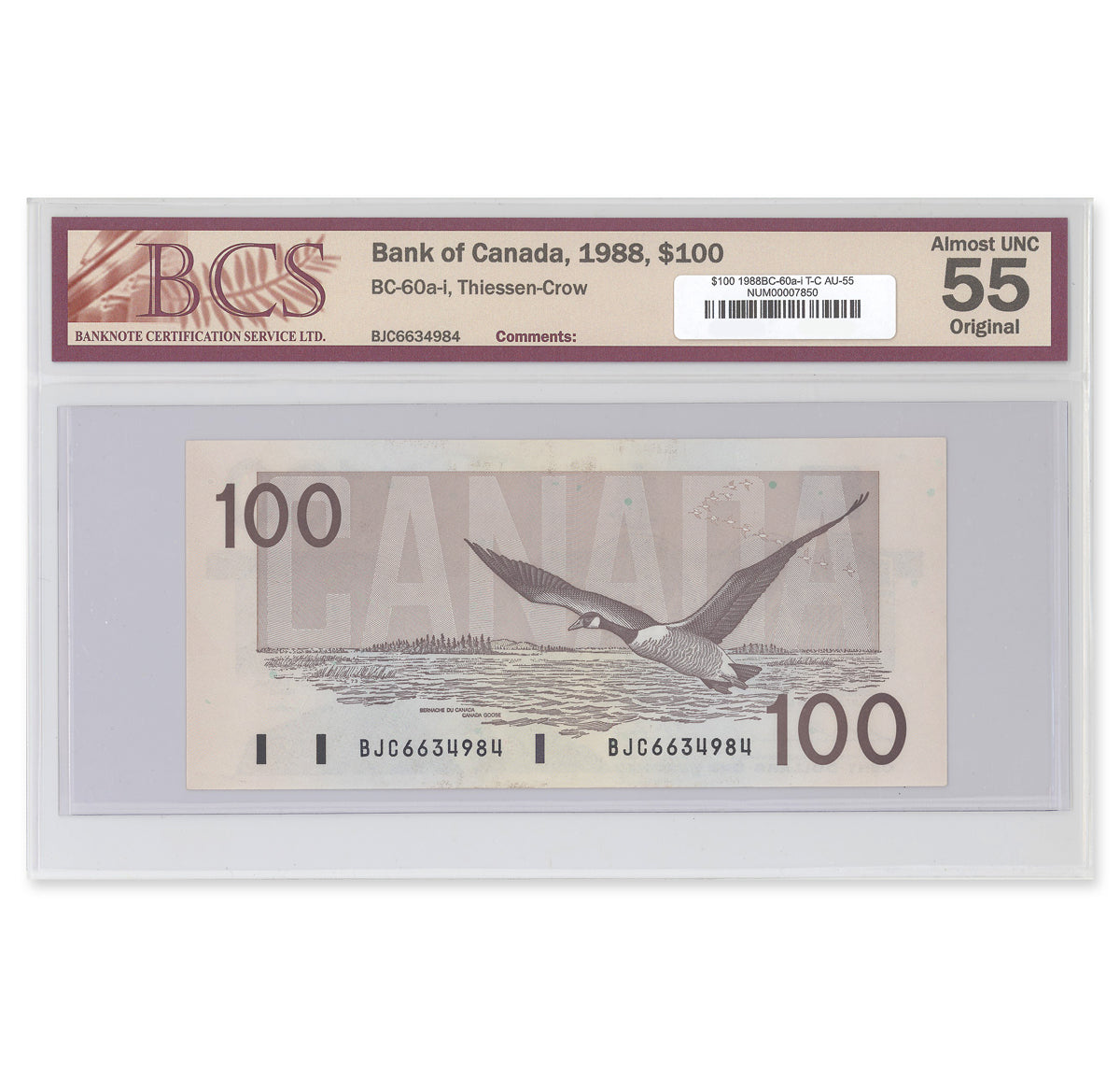 $100 1988 BC-60a-i Thiessen-Crow Prefix BJC BCS AU-55