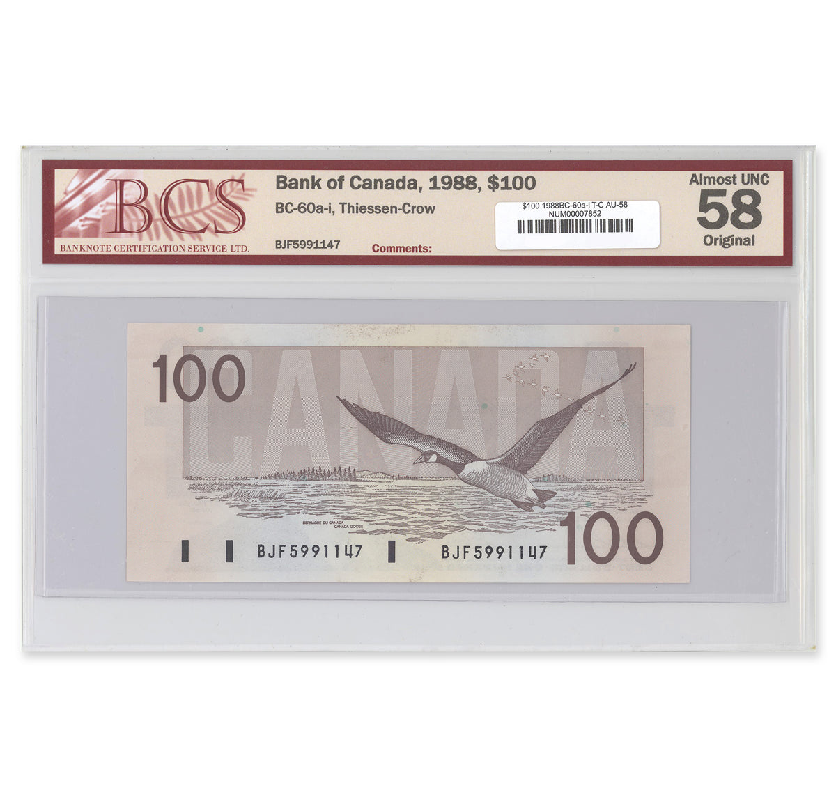 $100 1988 BC-60a-i Thiessen-Crow Prefix BJF BCS AU-58
