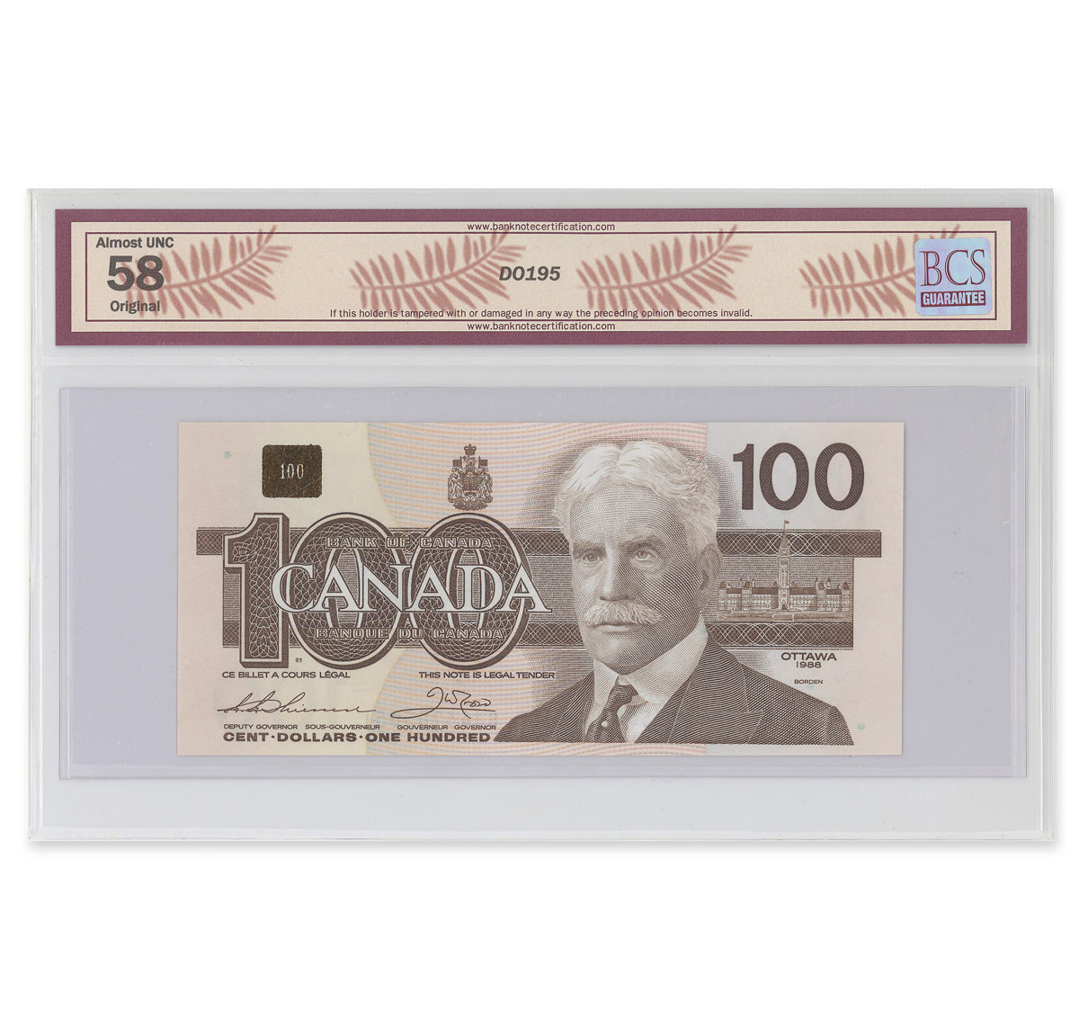 $100 1988 BC-60a-i Thiessen-Crow Prefix BJA BCS AU-58