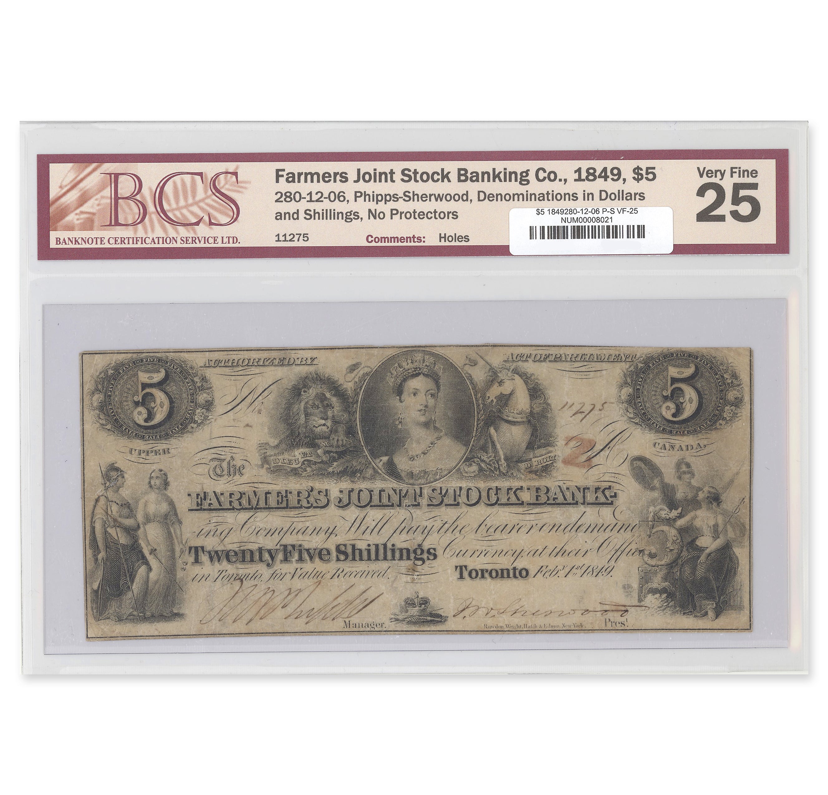 $5 1849 280-12-06 Farmers Joint Stock Banking Co. Phipps-Sherwood BCS VF-25