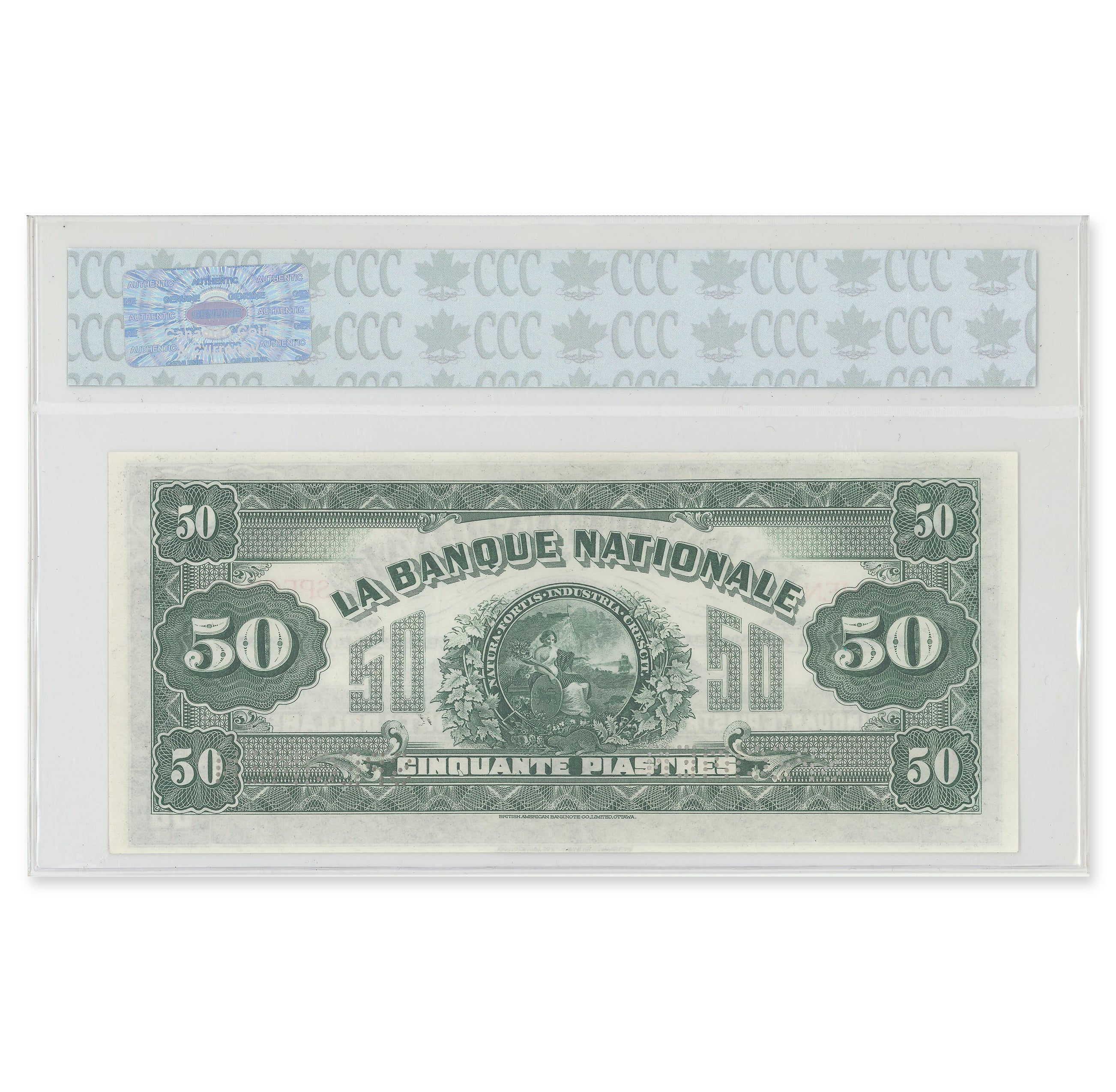 $50 1922 510-22-08S Specimen Specimen Le Banque Nationale CCC UNC-60