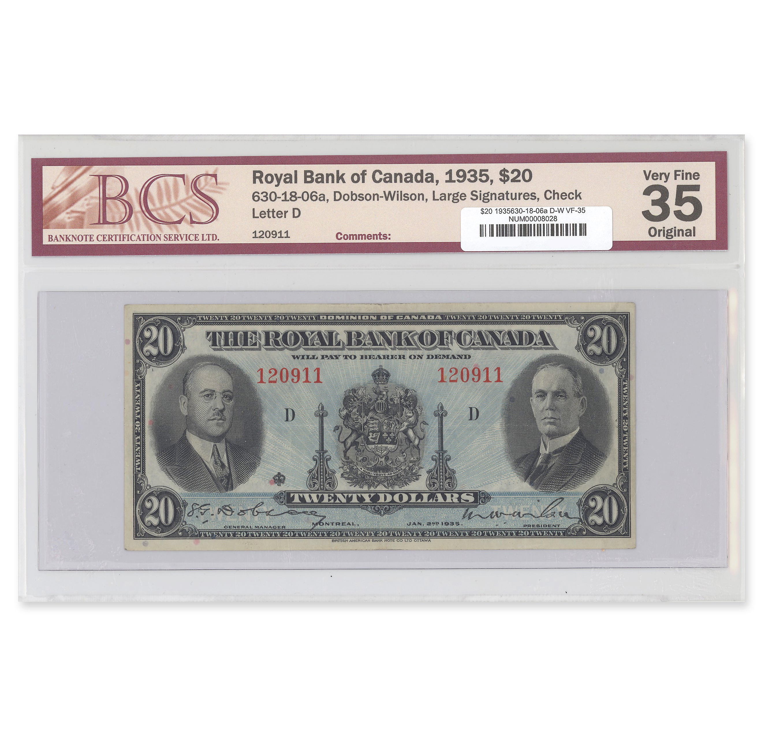$20 1935 630-18-06a Royal Bank of Canada Dobson-Wilson BCS VF-35