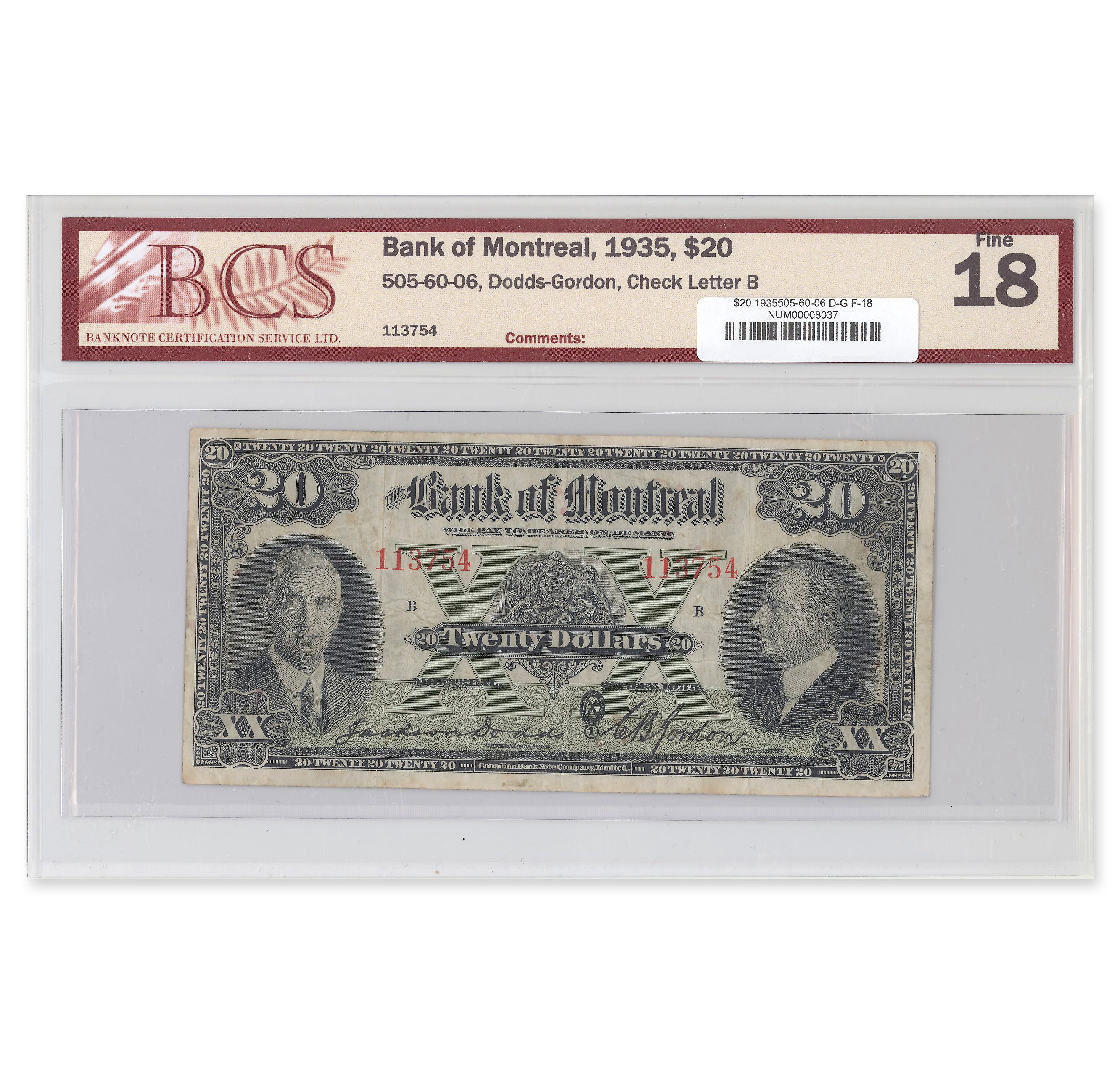 $20 1935 505-60-06 The Bank of Montreal Dodds-Gordon BCS F-18