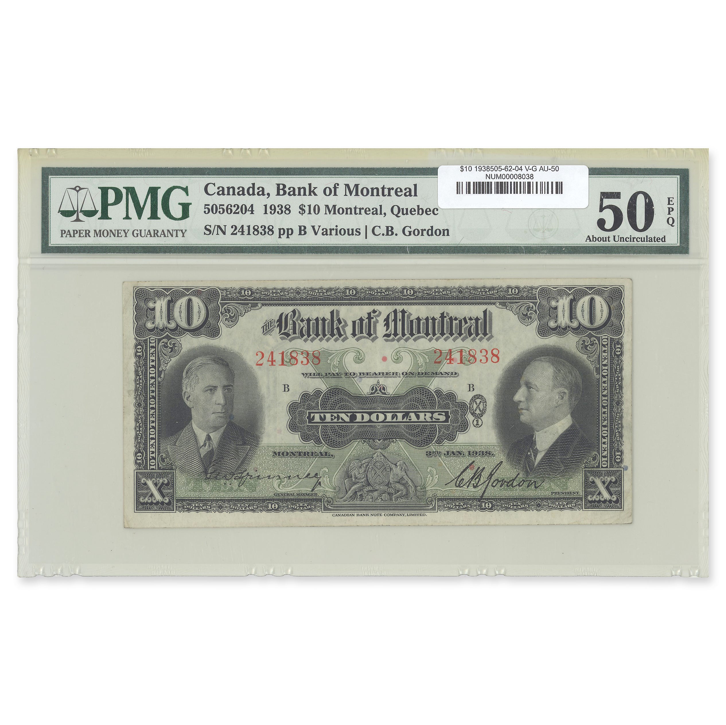 $10 1938 505-62-04 The Bank of Montreal Various-Gordon PMG AU-50