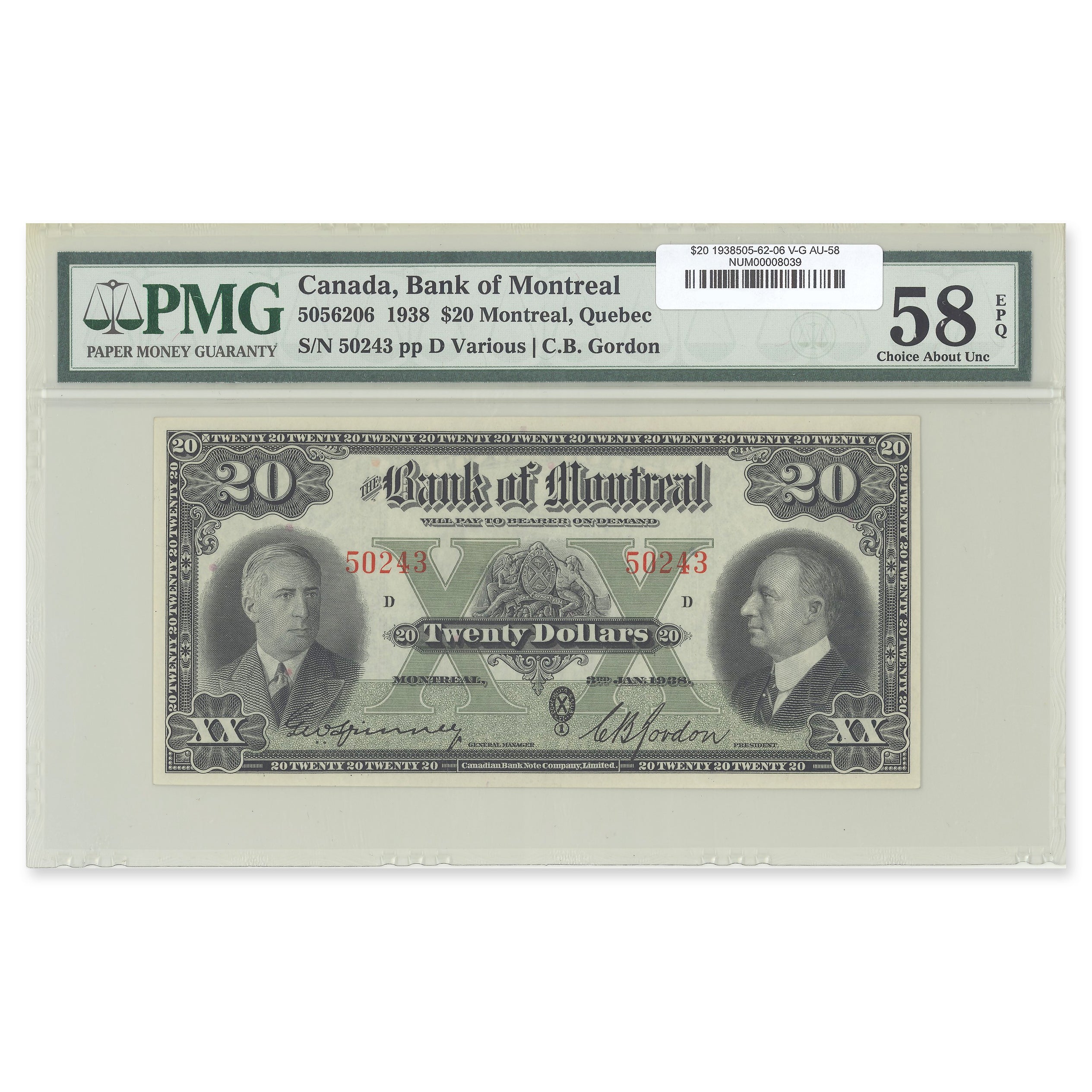 $20 1938 505-62-06 The Bank of Montreal Various-Gordon PMG AU-58