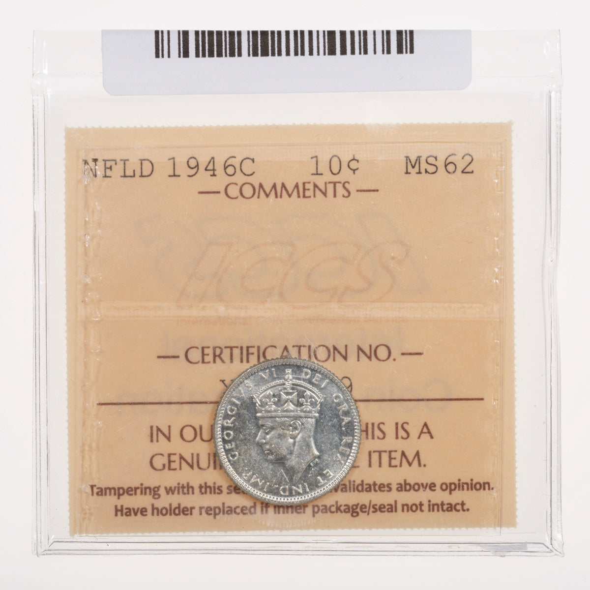 NFLD 10 Cent 1946C ICCS MS-62