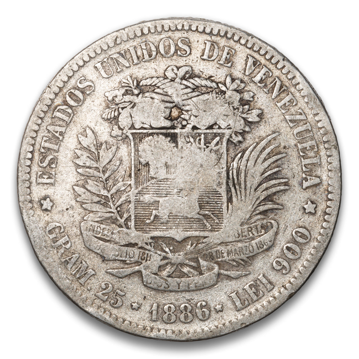 Venezuela Silver 5 Bolivares 1886