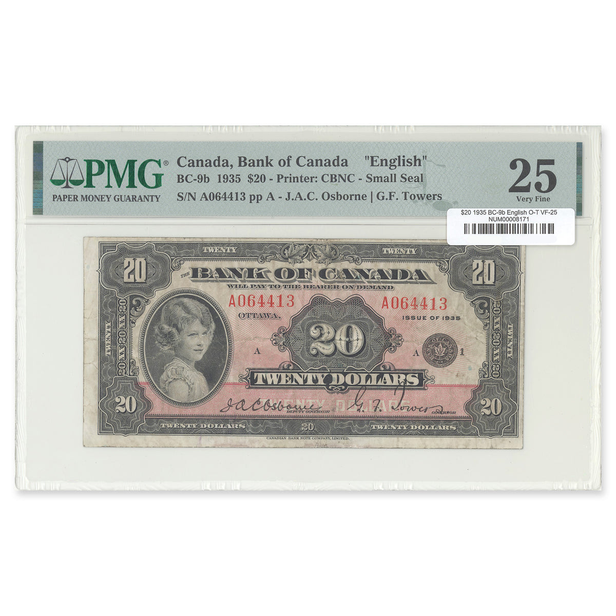 $20 1935Small Seal BC-9b English Osborne-Towers Prefix A PMG VF-25