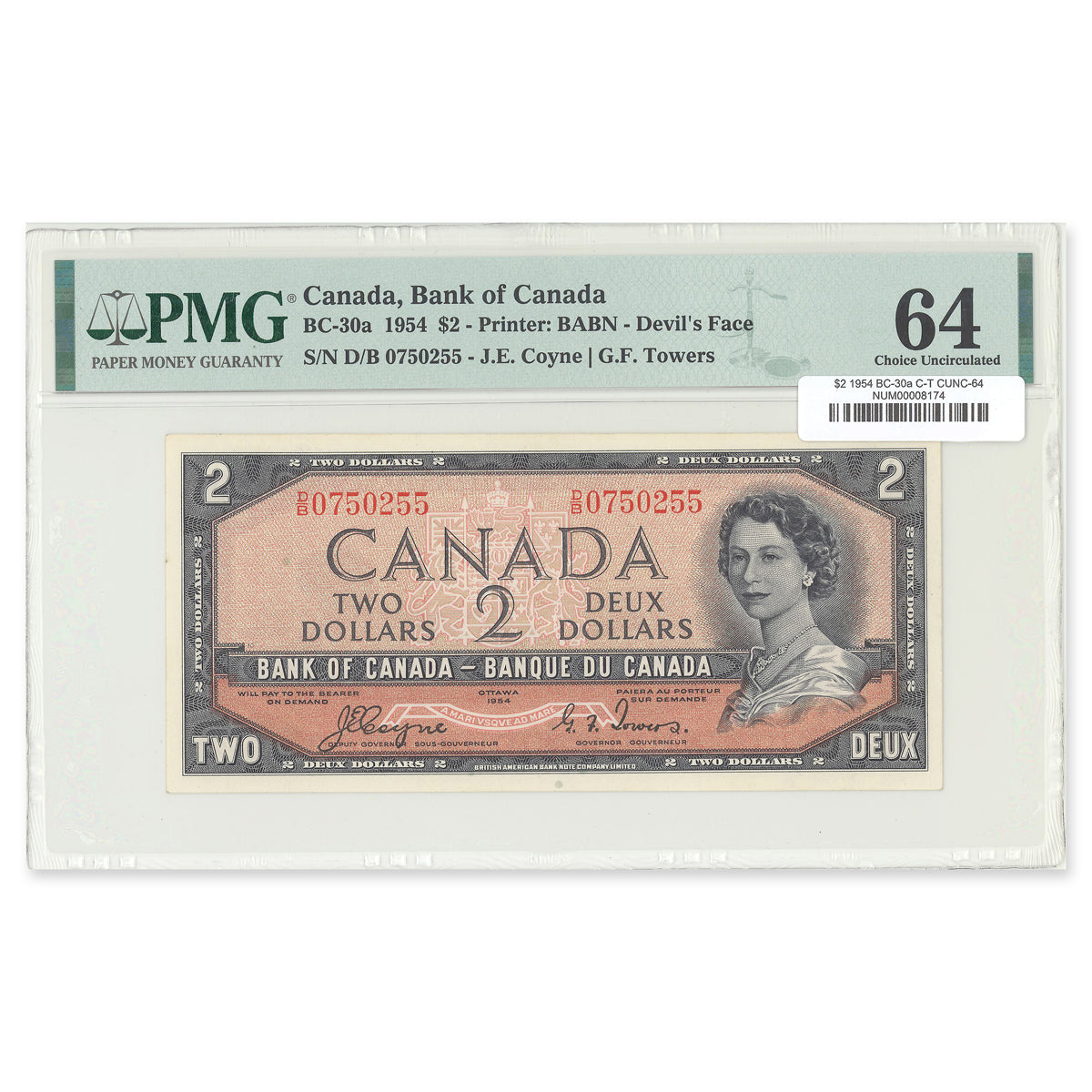 $2 1954 Devil's Face Series BC-30a Coyne-Towers Prefix D/B PMG CUNC-64