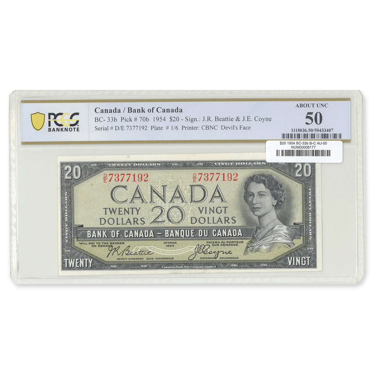 $20 1954 Devil's Face Series BC-33b Beattie-Coyne Prefix D/E PCGS AU-50
