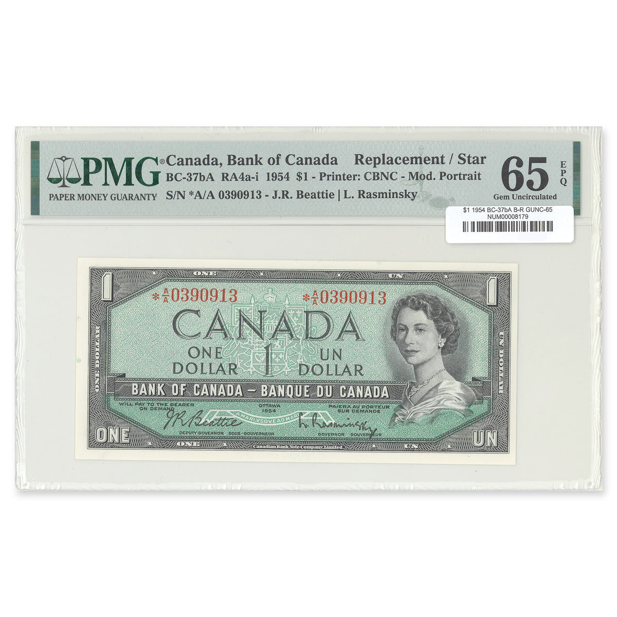 $1 1954 Replacement Modified Series BC-37bA Beattie-Rasminsky Prefix *A/A PMG GUNC-65 EPQ