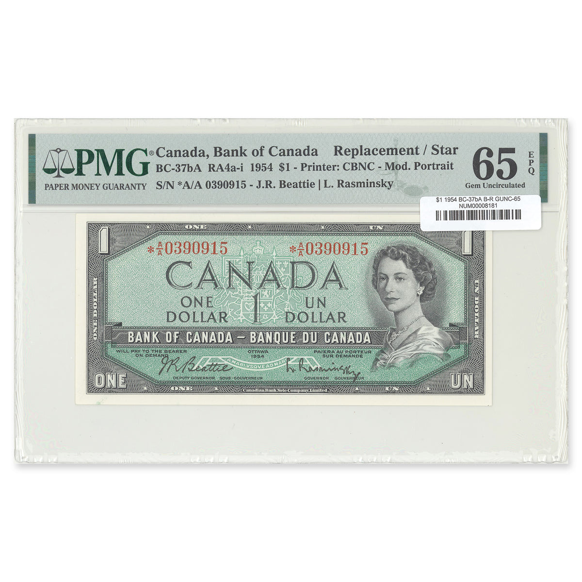 $1 1954 Replacement Modified Series BC-37bA Beattie-Rasminsky Prefix *A/A PMG GUNC-65 EPQ