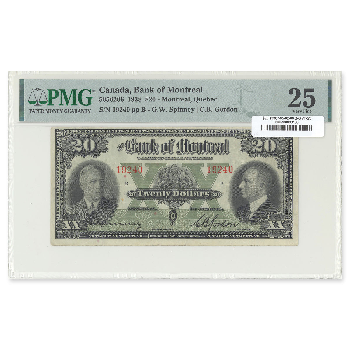 $20 1938 505-62-06 The Bank of Montreal Spinney-Gordon PMG VF-25