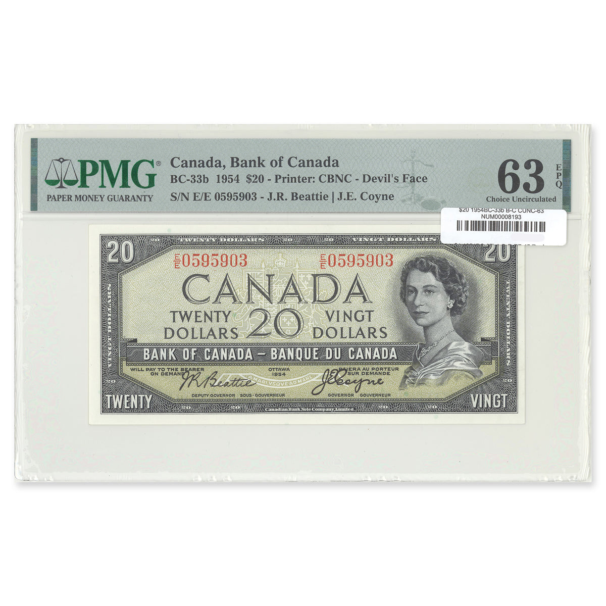 $20 1954 Devil's Face Series BC-33b Beattie-Coyne Prefix E/E PMG CUNC-63 EPQ