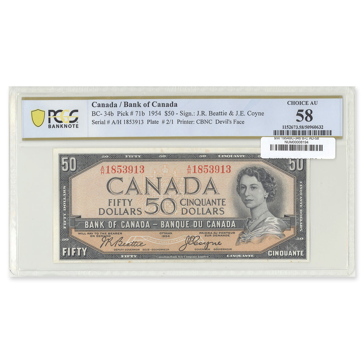 $50 1954 Devil's Face Series BC-34b Beattie-Coyne Prefix A/H PCGS AU-58