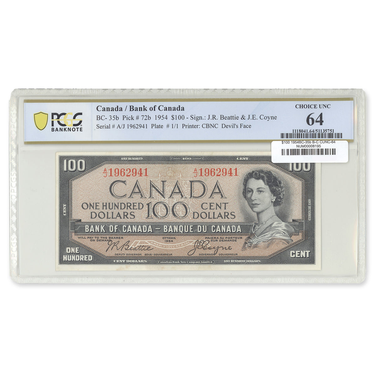 $100 1954 Devil's Face Series BC-35b Beattie-Coyne Prefix A/J PCGS CUNC-64