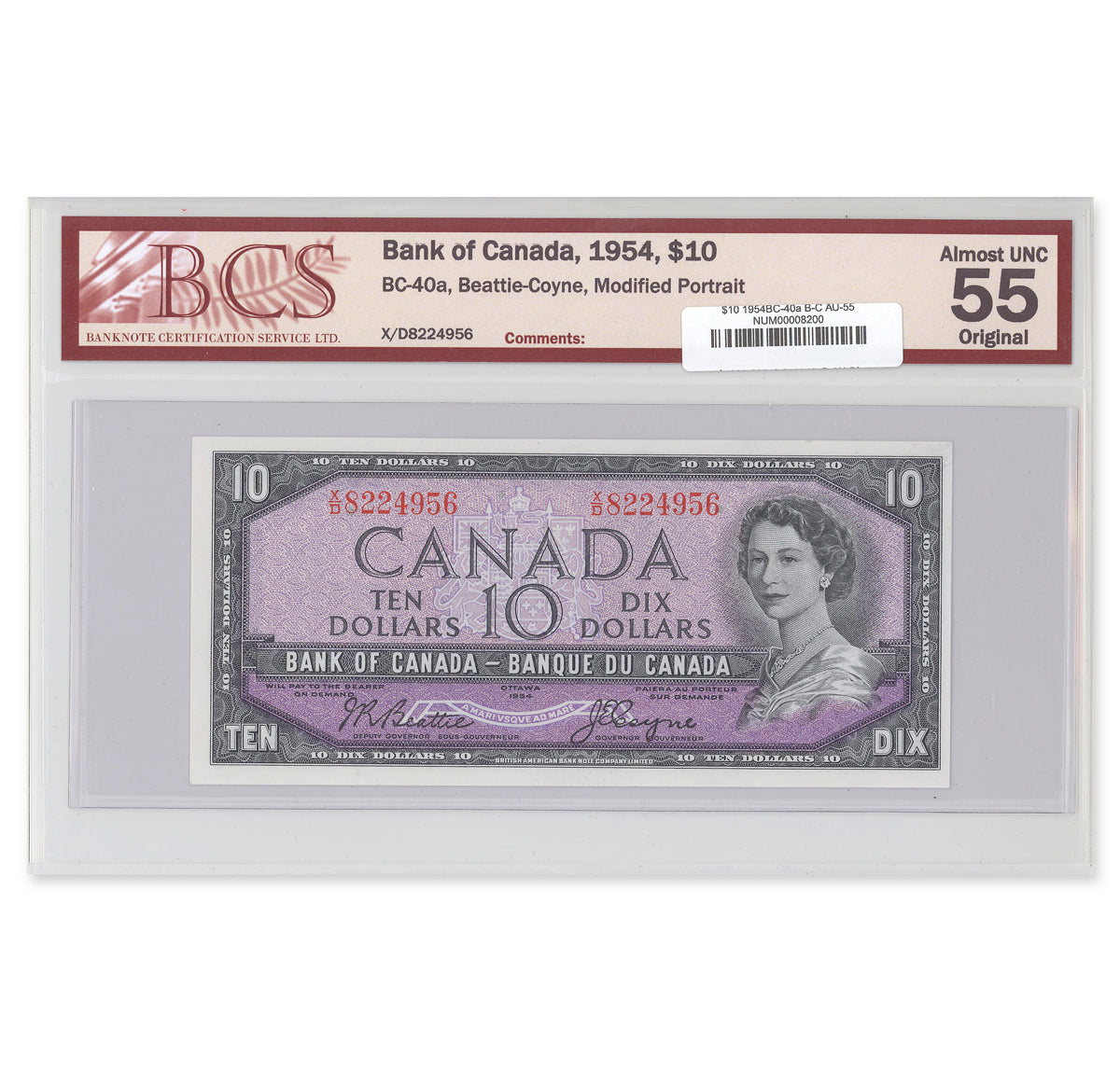 $10 1954 Modified Series BC-40a Beattie-Coyne Prefix X/D BCS AU-55 Original