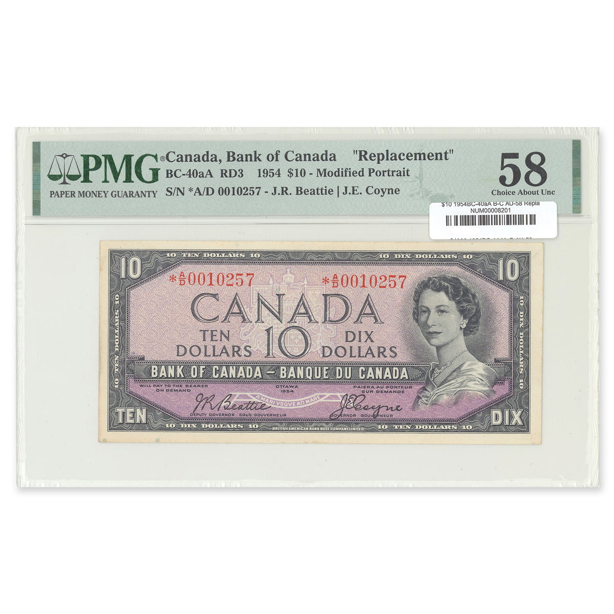 $10 1954 Modified Series BC-40aA Replacement Beattie-Coyne Prefix *A/D PMG AU-58
