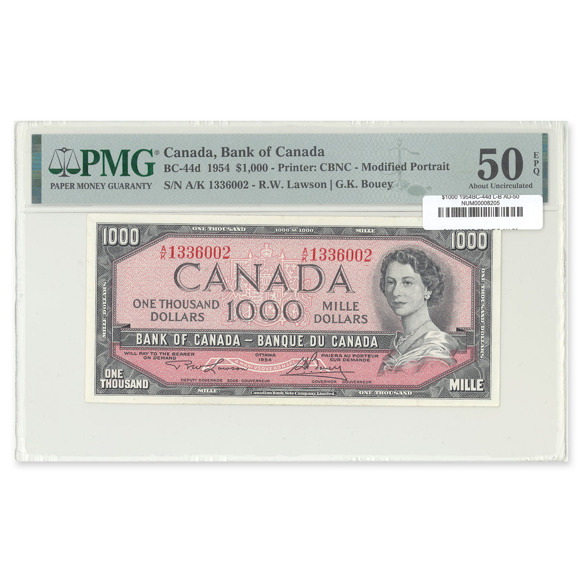 $1000 1954 Modified Series BC-44d Lawson-Bouey Prefix A/K PMG AU-50 EPQ
