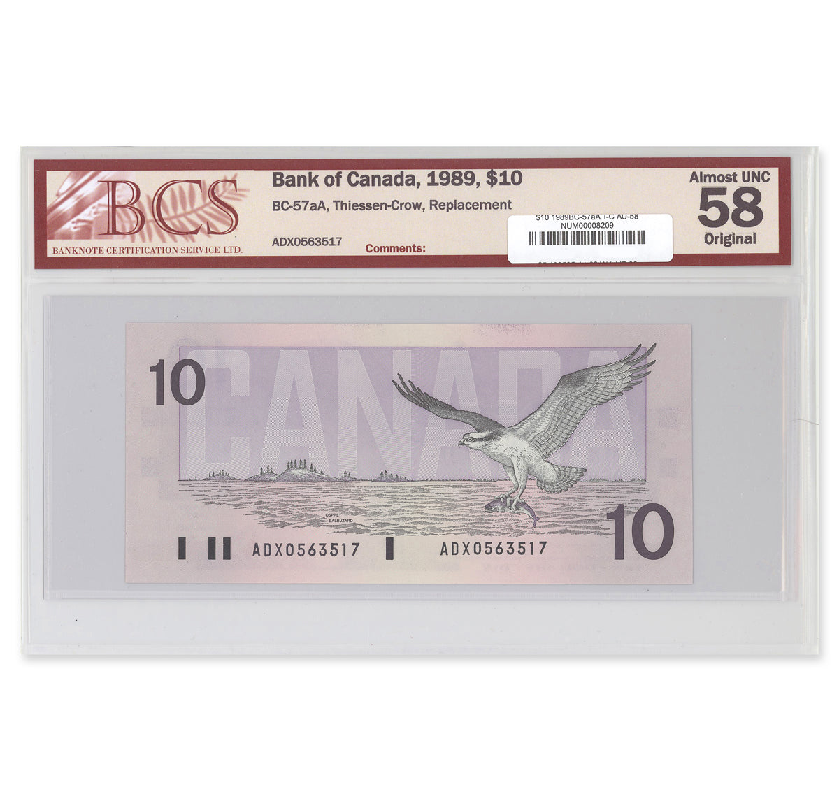 $10 1989 BC-57aA Thiessen-Crow Prefix ADX BCS AU-58 Original