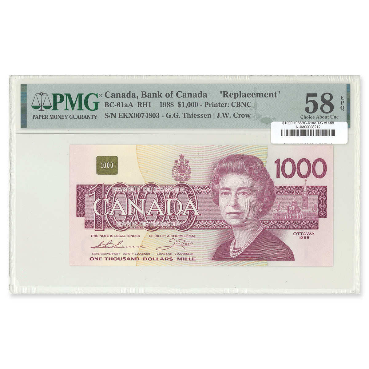 $1000 1988 BC-61aA Thiessen-Crow Prefix EKX PMG AU-58 EPQ