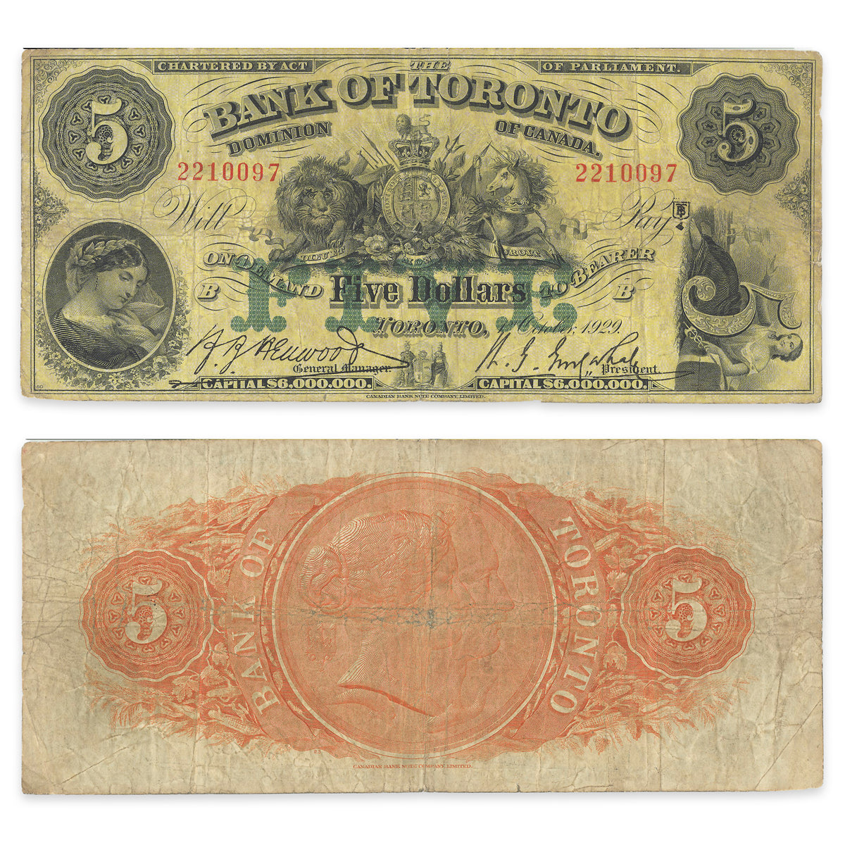 $5 1929 715-22-22 The Bank of Toronto Henwood-Gooderham VG-10