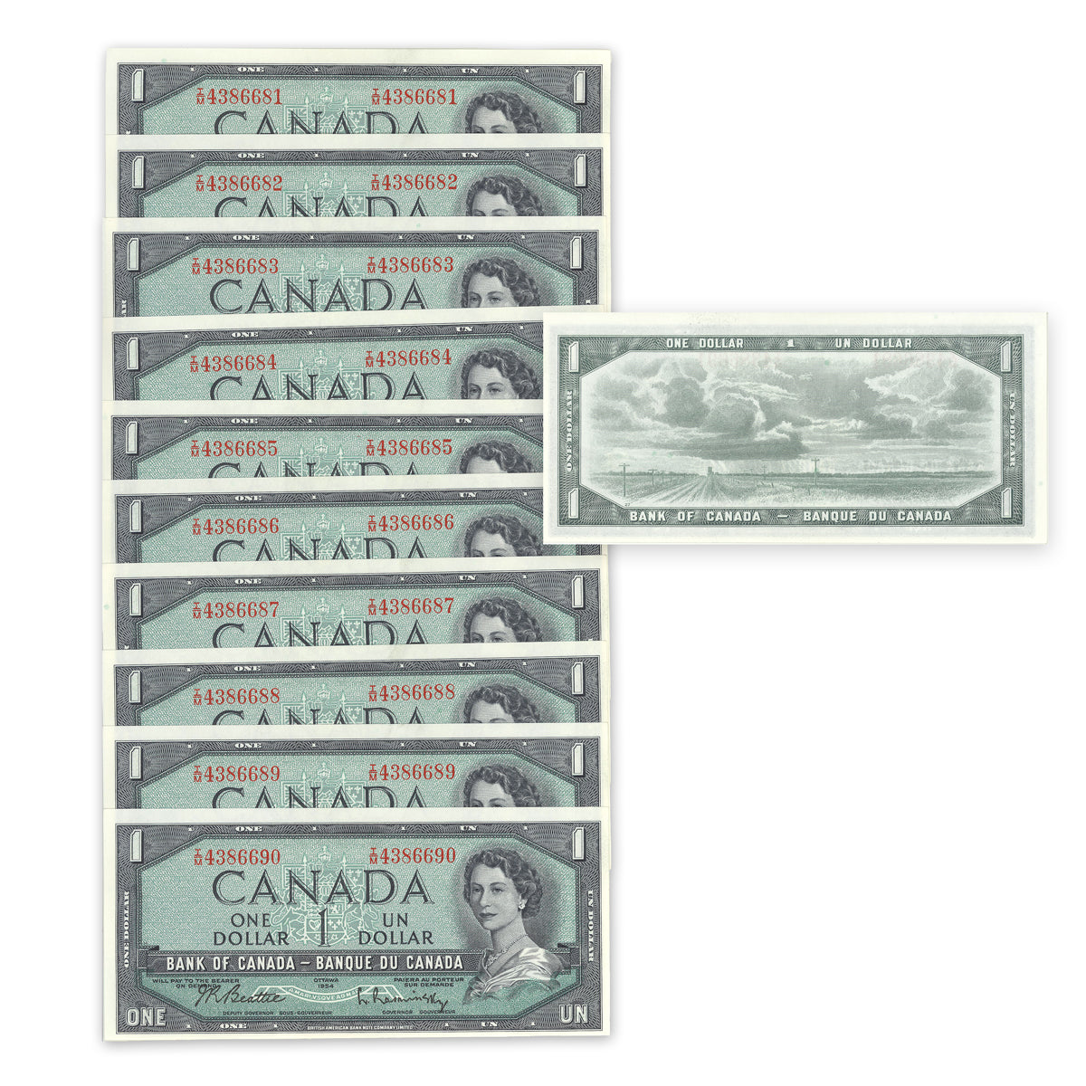 $1 1954 Modified Series BC-37b-i Consec Beattie-Rasminsky Prefix T/M 10 Consecutive CUNC-63