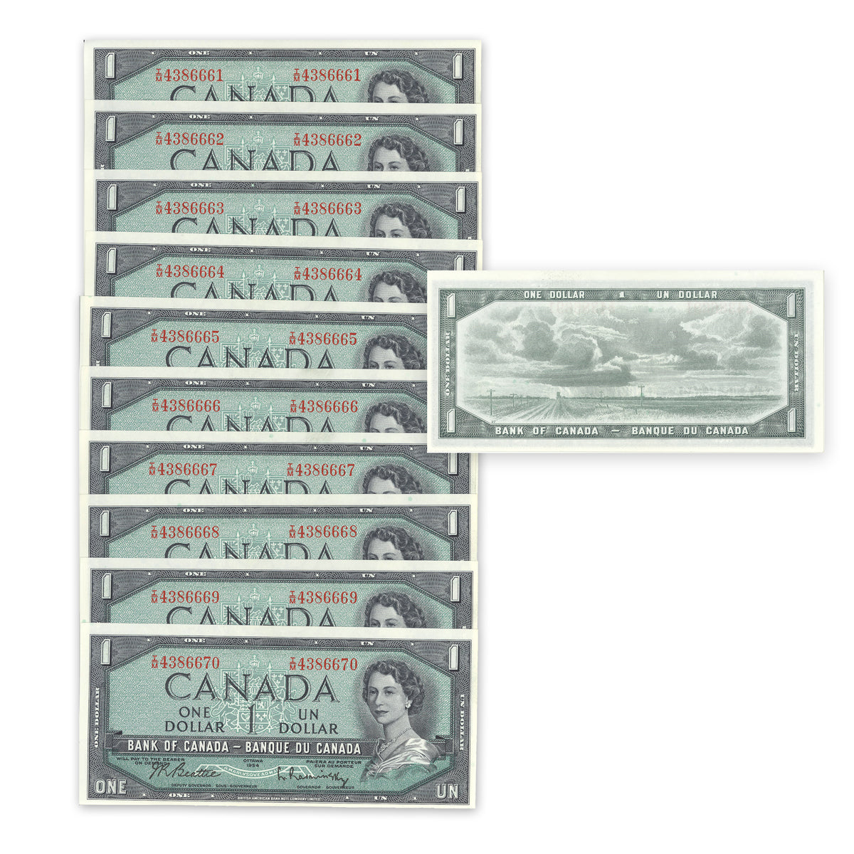 $1 1954 Modified Series BC-37b-i Consec Beattie-Rasminsky Prefix T/M 10 Consecutive CUNC-63