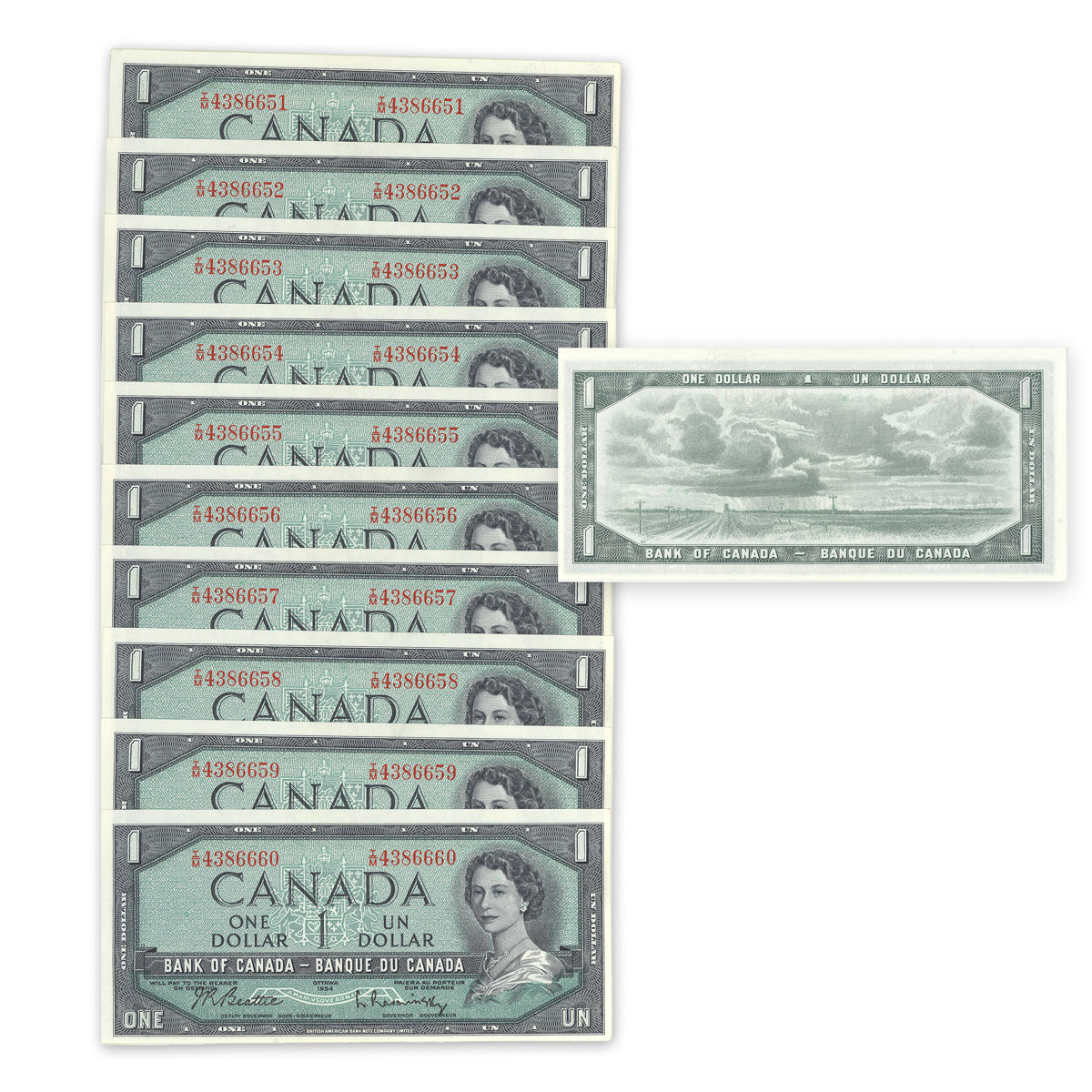 $1 1954 Modified Series BC-37b-i Consec Beattie-Rasminsky Prefix T/M 10 Consecutive CUNC-63