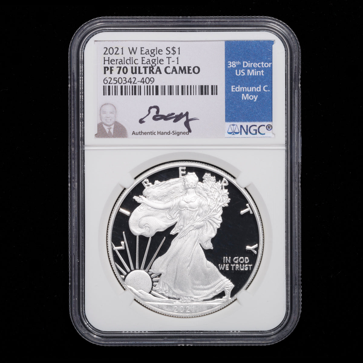 US 1oz .999 Fine Silver $1 Eagle: T1 Edmund Moy Signature 2021 W PR-70 Ultra Cameo