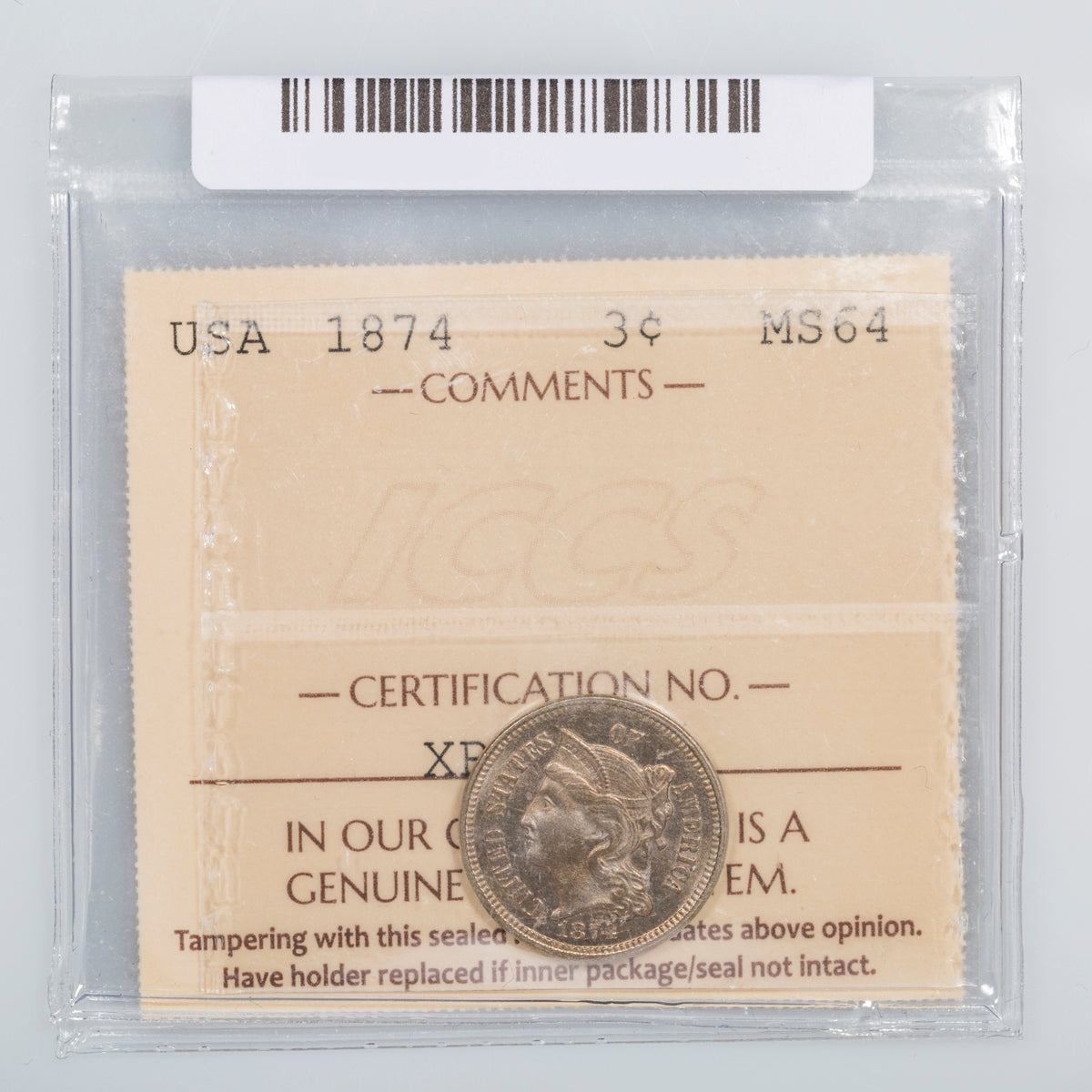 US 3 Cent 1874 Nickel ICCS MS-64
