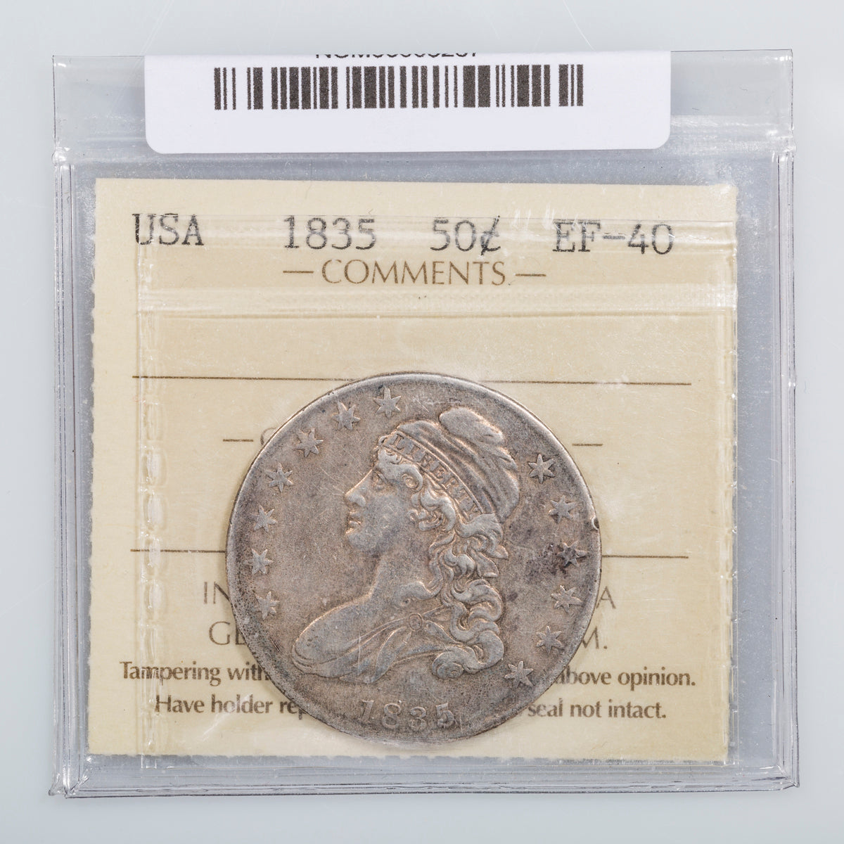 US 50 Cent 1835 Capped Bust Lettered Edge ICCS EF-40