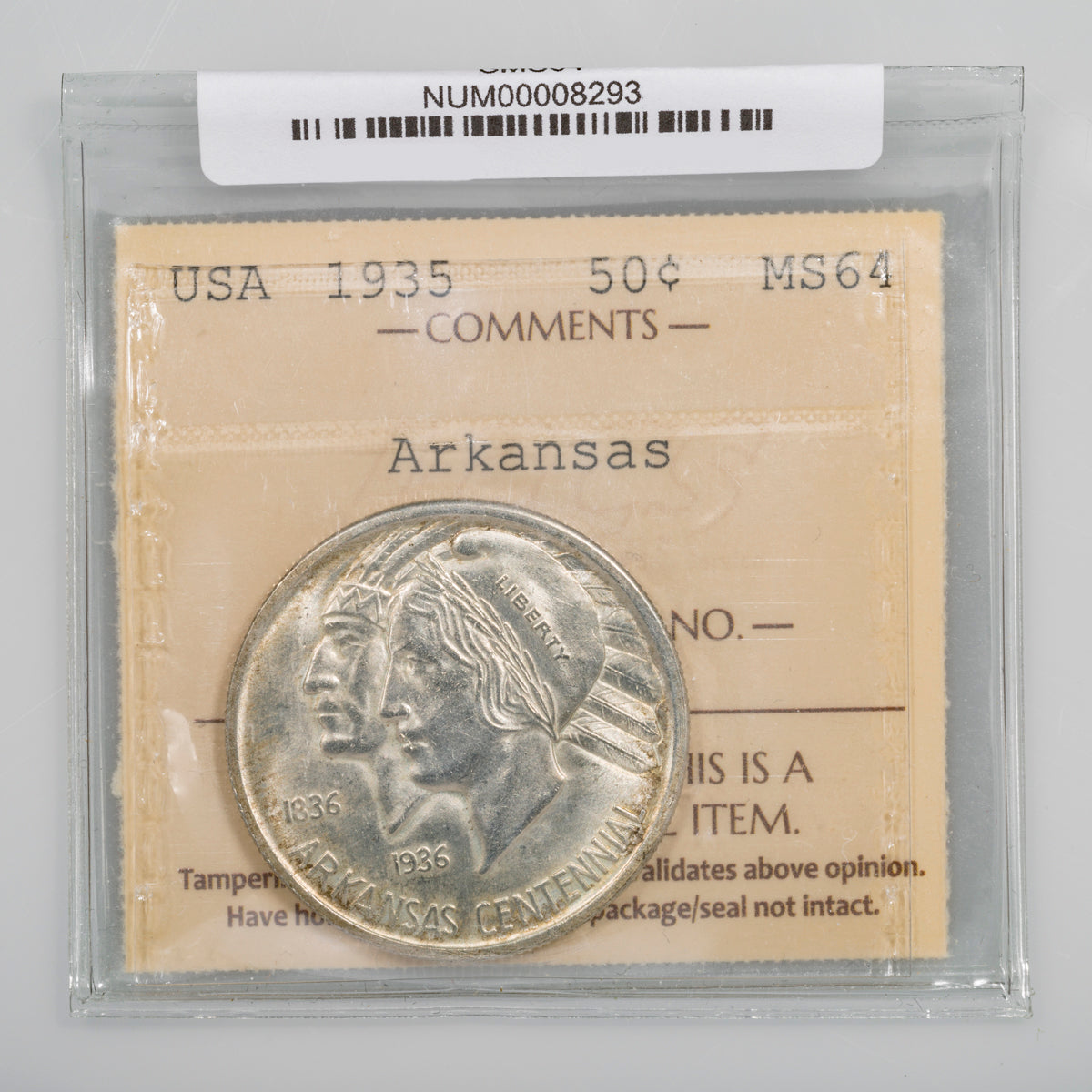 US 50 Cent 1935 Arkansas Centennial Commemorative ICCS MS-64