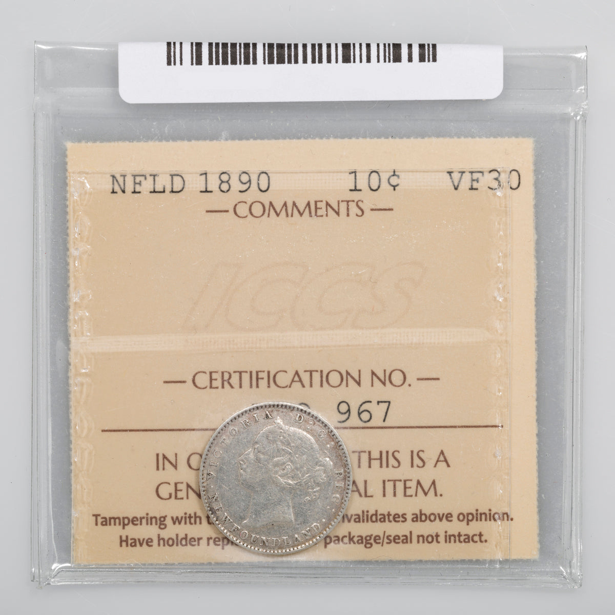 NFLD 10 Cent 1890 ICCS VF-30