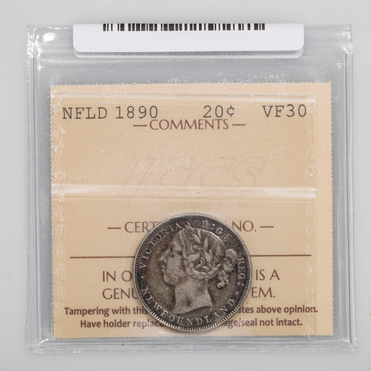 NFLD 20 Cent 1890 ICCS VF-30